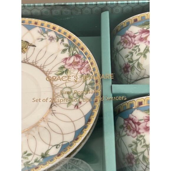 Grace's Teaware Fine Porcelain Set of 2 Espresso Cups & Saucers Floral - Picture 3 of 6